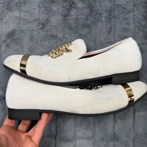 Meijiana Velvet Loafers Mens 9 Cream Gold Crest Metal Cap Toe Smoking Shoes